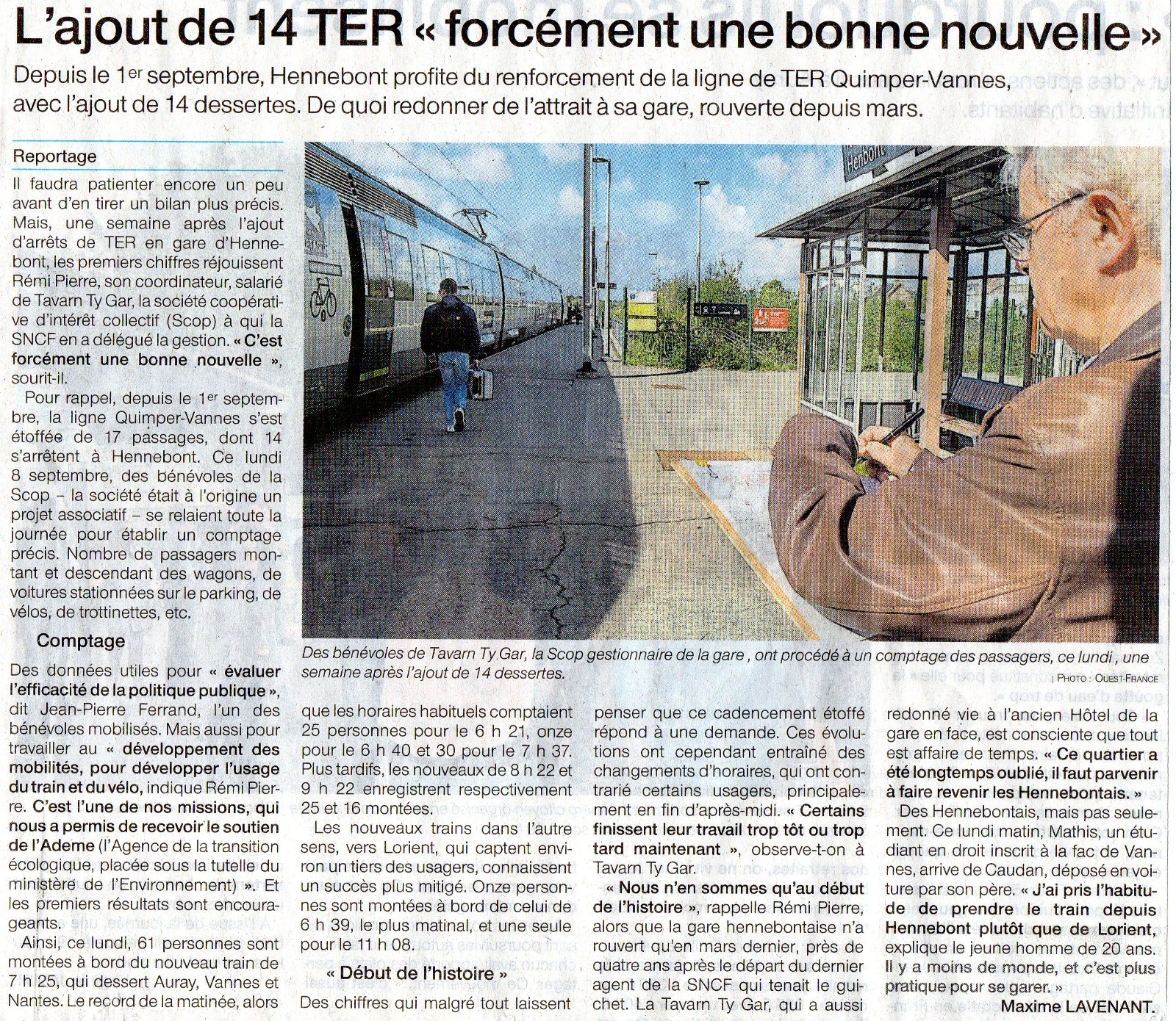 Article du Ouest-France concernant l'ajout de TER à la gare et le comptage réalisé par Tavarn.